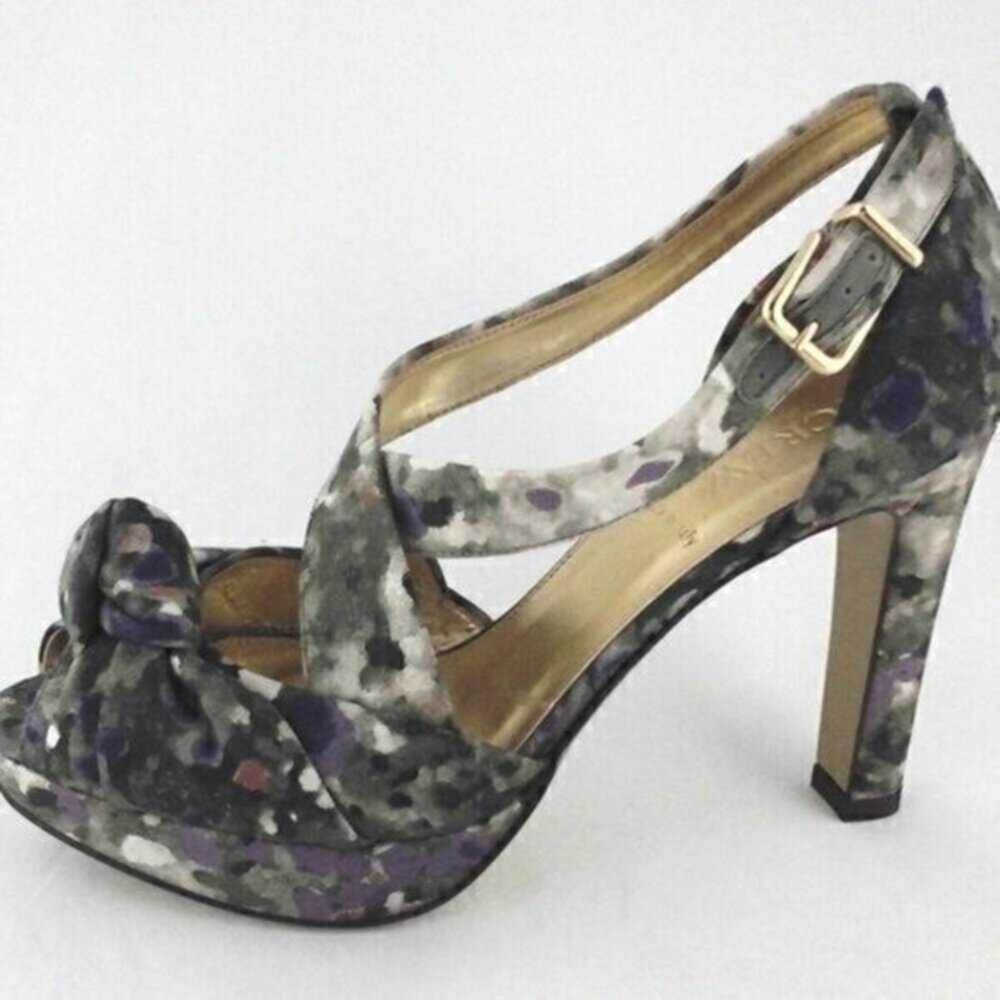 J Crew Women Love-Me-Knot Printed Platform Heels Green Abstract Peep Toe SZ 8